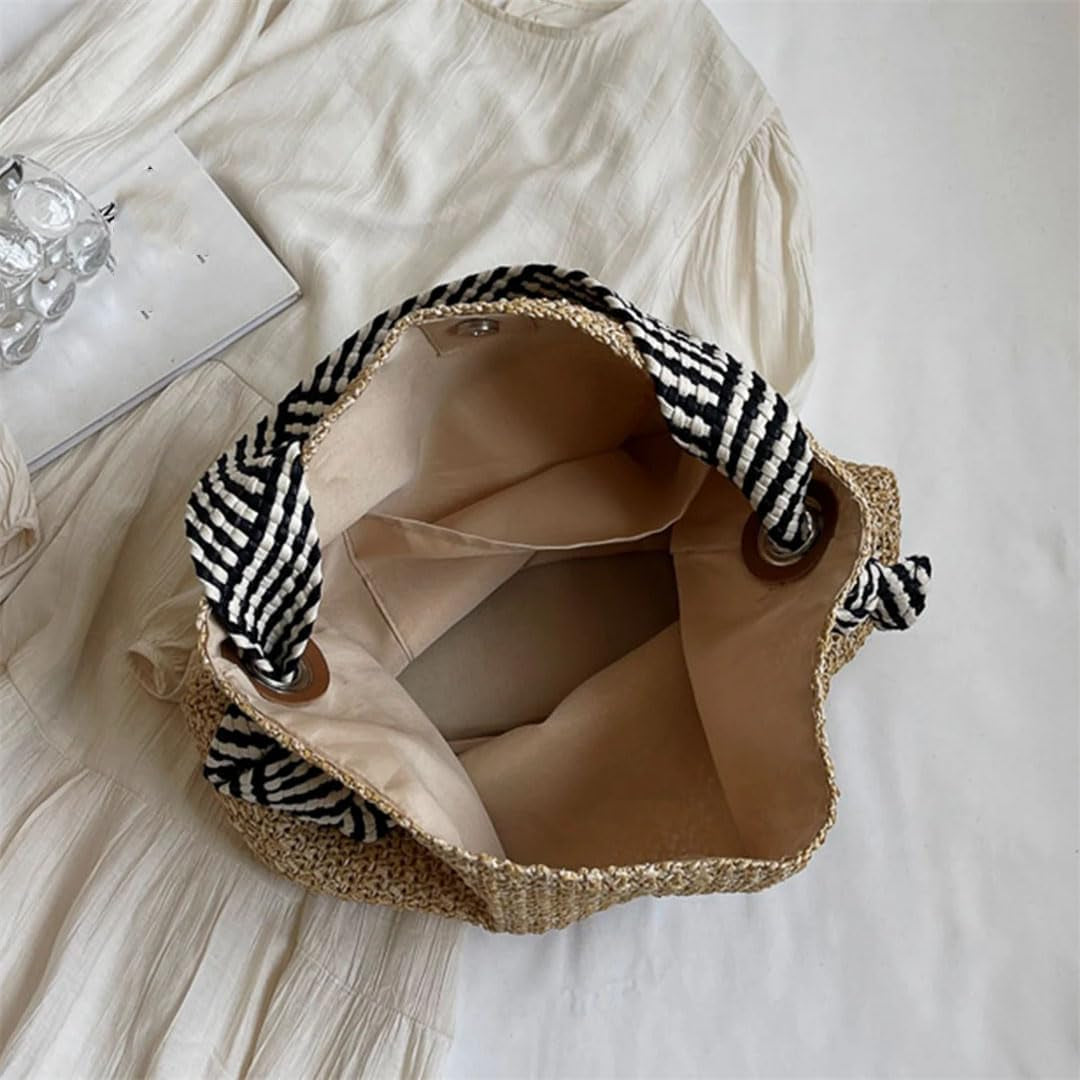 Women'S Casual Woven Straw Beach Tote Bag Lightweight Large Capacity Magnetic Closure Black White Striped Strap