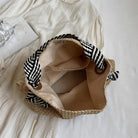 Women'S Casual Woven Straw Beach Tote Bag Lightweight Large Capacity Magnetic Closure Black White Striped Strap