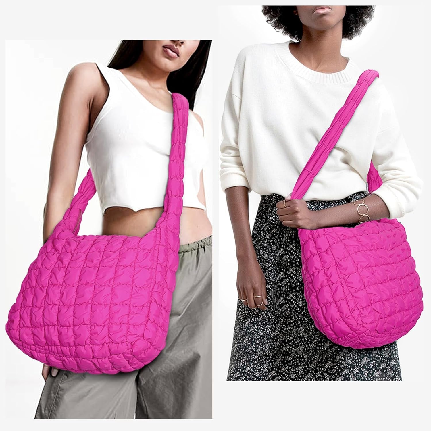 YFGBCX Quilted Tote Bag for Women Puffer Bag Quilted Bag Lightweight Puffy Tote Bag Quilted Padding Shoulder Bag Padded Hobo Crossbody Bag Zip Closure A06-Rose Pink