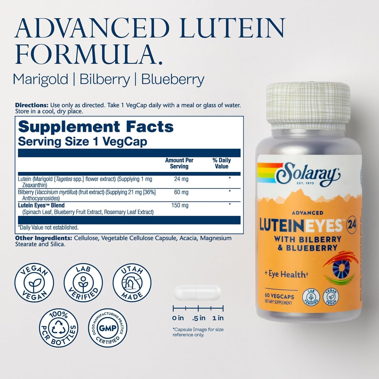 SOLARAY Advanced Lutein Eyes 24 Mg - Lutein and Zeaxanthin Supplements - Eye Health Support with Blueberry and Bilberry Extract - Vegan, 60-Day Guarantee, Lab Verified - 60 Servings, 60 Vegcaps