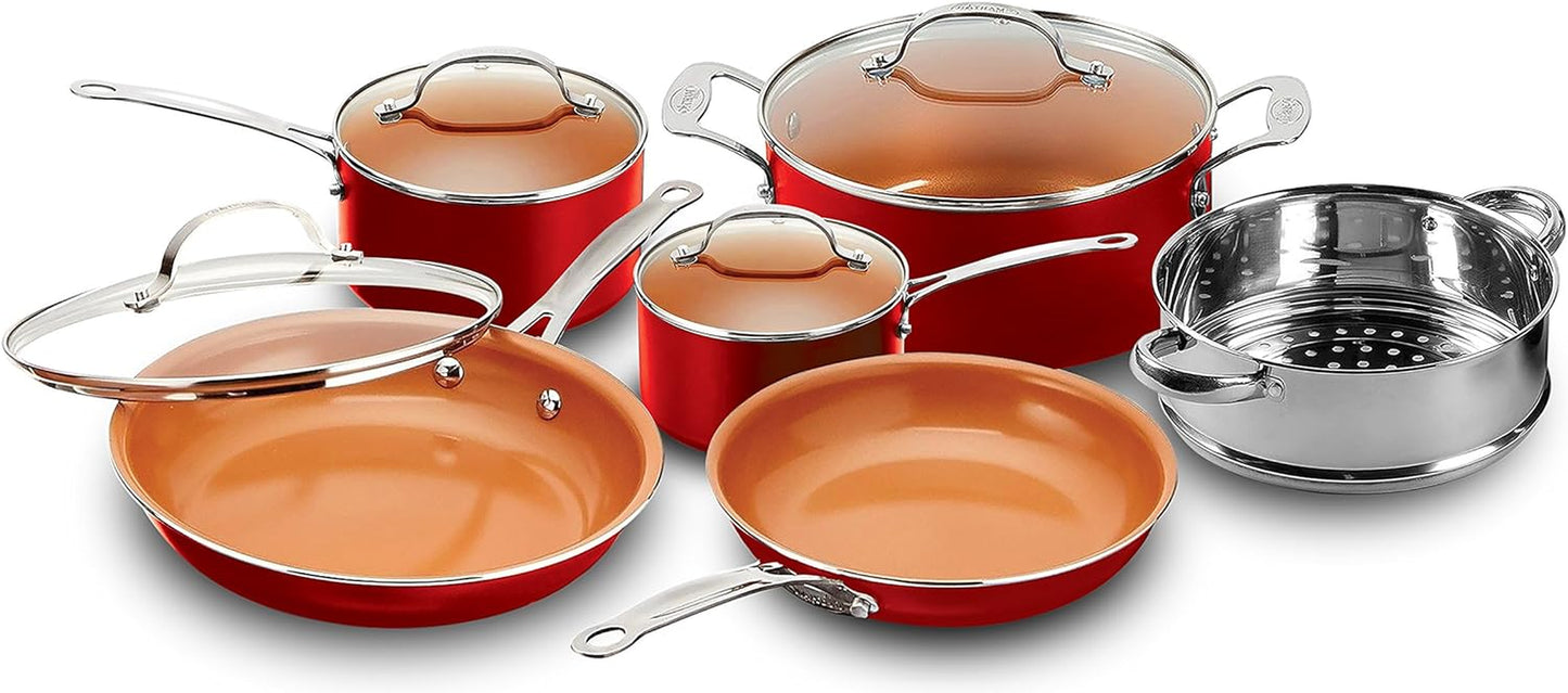 Gotham Steel 10-Piece Kitchen Set with Non-Stick Ti-Cerama Coating by Chef Daniel Green - Includes Skillets, Fry Pans, Stock Pots and Steamer Insert – Red