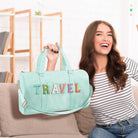 2 Pcs Travel Preppy Duffle Bag and Chenille Letter Makeup Pouch Cosmetic Zipper Patch Makeup Tote Bag(Mint Green)