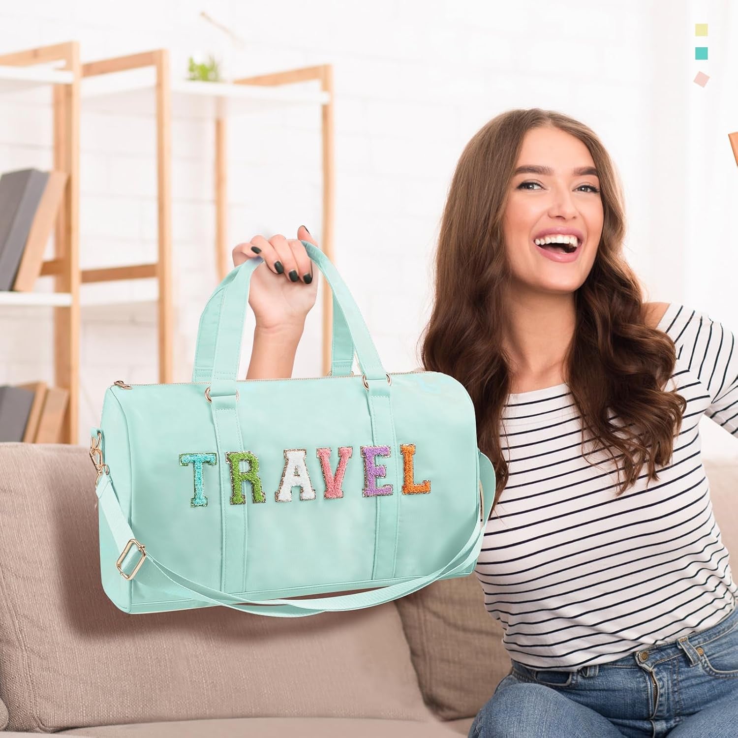 2 Pcs Travel Preppy Duffle Bag and Chenille Letter Makeup Pouch Cosmetic Zipper Patch Makeup Tote Bag(Mint Green)