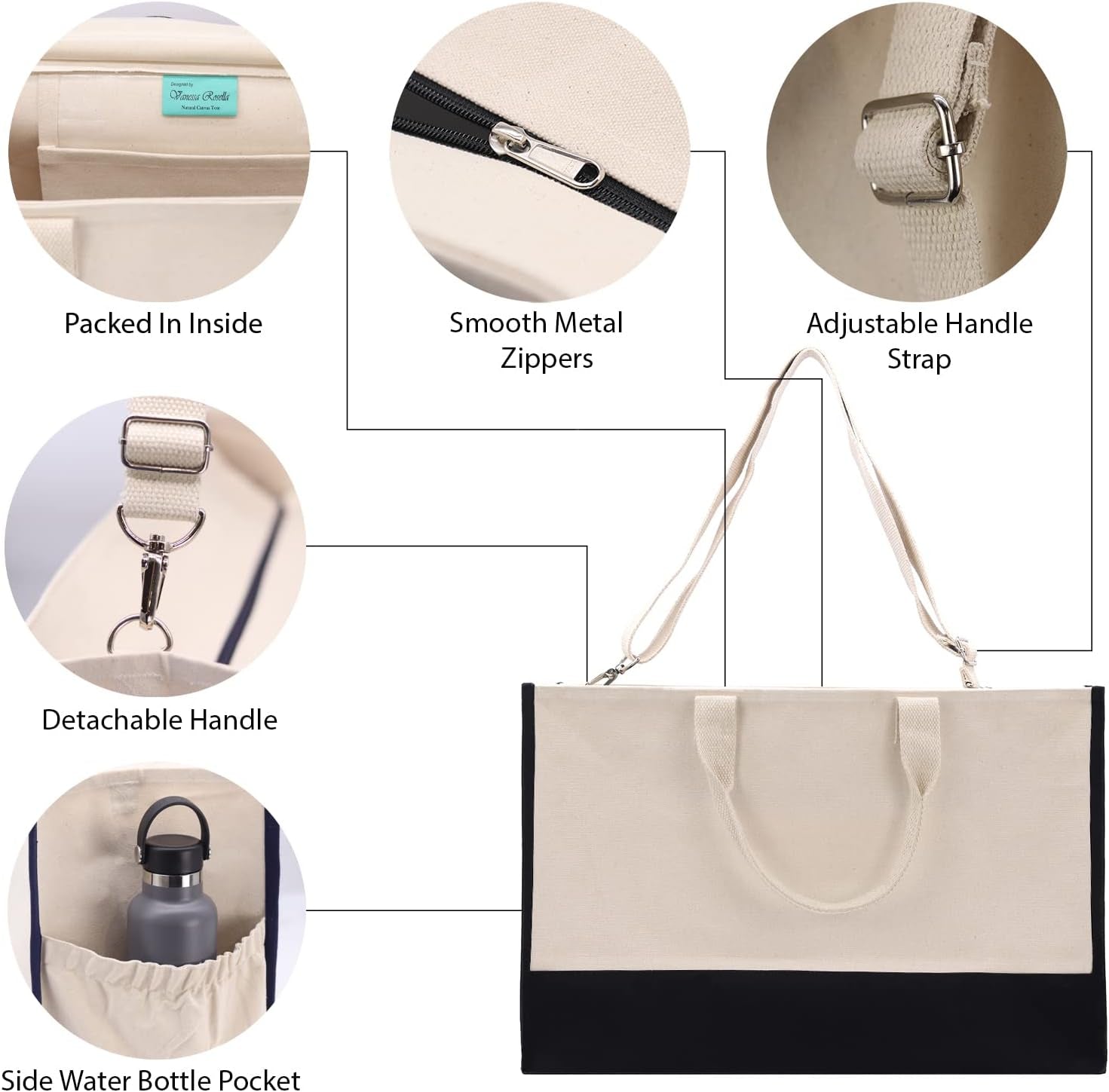 VANESSA ROSELLA Beach Tote Bag XL Oversized Zipper and Inner Pockets