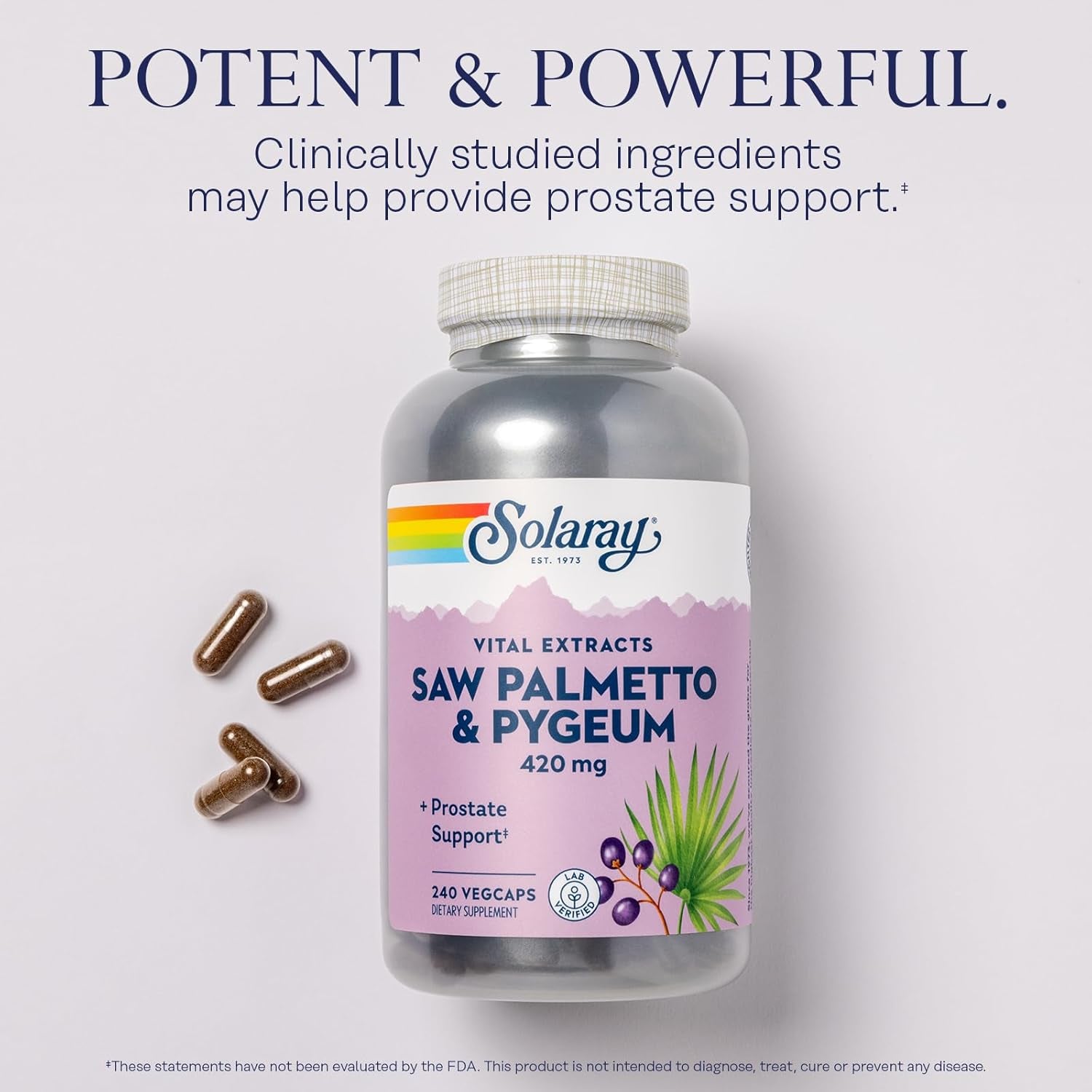 SOLARAY Saw Palmetto and Pygeum - Saw Palmetto for Men and Pygeum Bark - with Zinc, Vitamin B6, Pumpkin Seed and Amino Acids - Prostate Supplements for Men W/Beta Sitosterol, 60 Servings, 240 Vegcaps