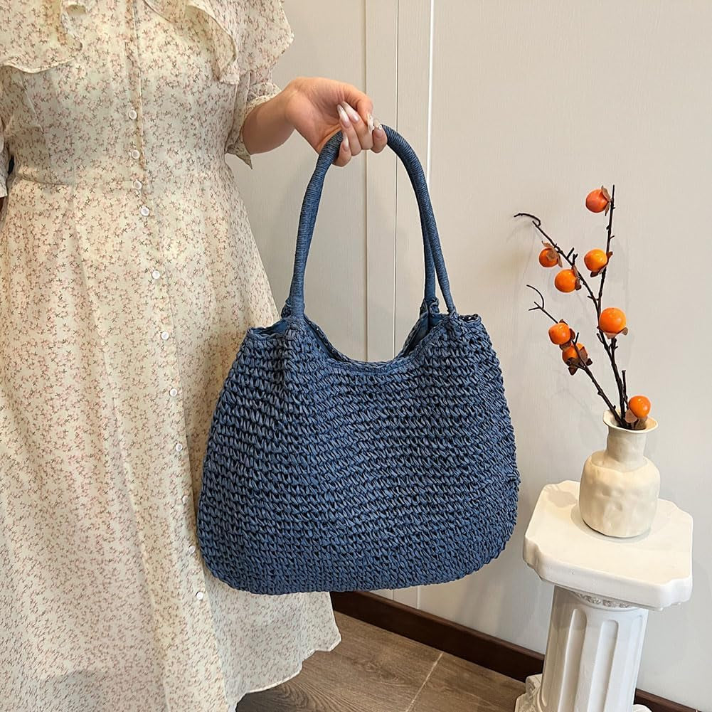 Women Straw Vintage Shoulder Tote Handbag Large Capacity Crochet Beach Travel Tote Handbag Hasp Closure Simple Weaving