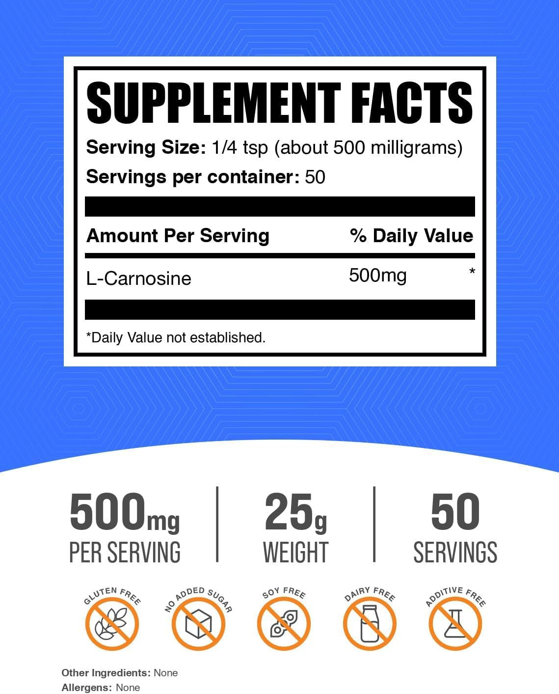 Bulksupplements.Com L-Carnosine Powder - Carnosine Supplement, Carnosine 500Mg - Amino Acid Supplement, Gluten Free, 500Mg per Serving, 25G (0.88 Oz) (Pack of 1)