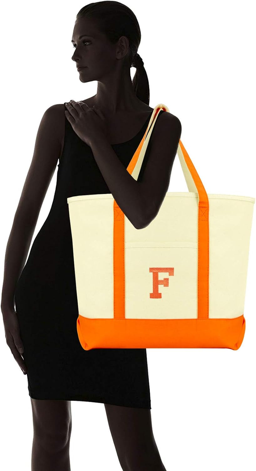 DALIX Initial Tote Bag Personalized Monogram Orange Zippered Top Letter - F
