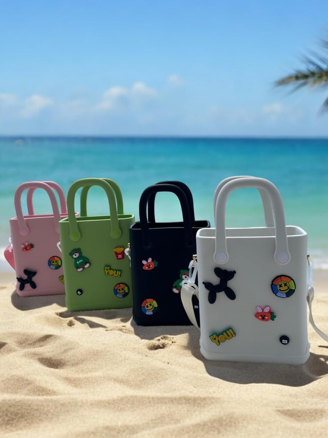Waterproof Silicone Mini Beach Tote Bag with Charms Small Washable EVA Crossbody Purse for Girls & Women Adjustable Strap