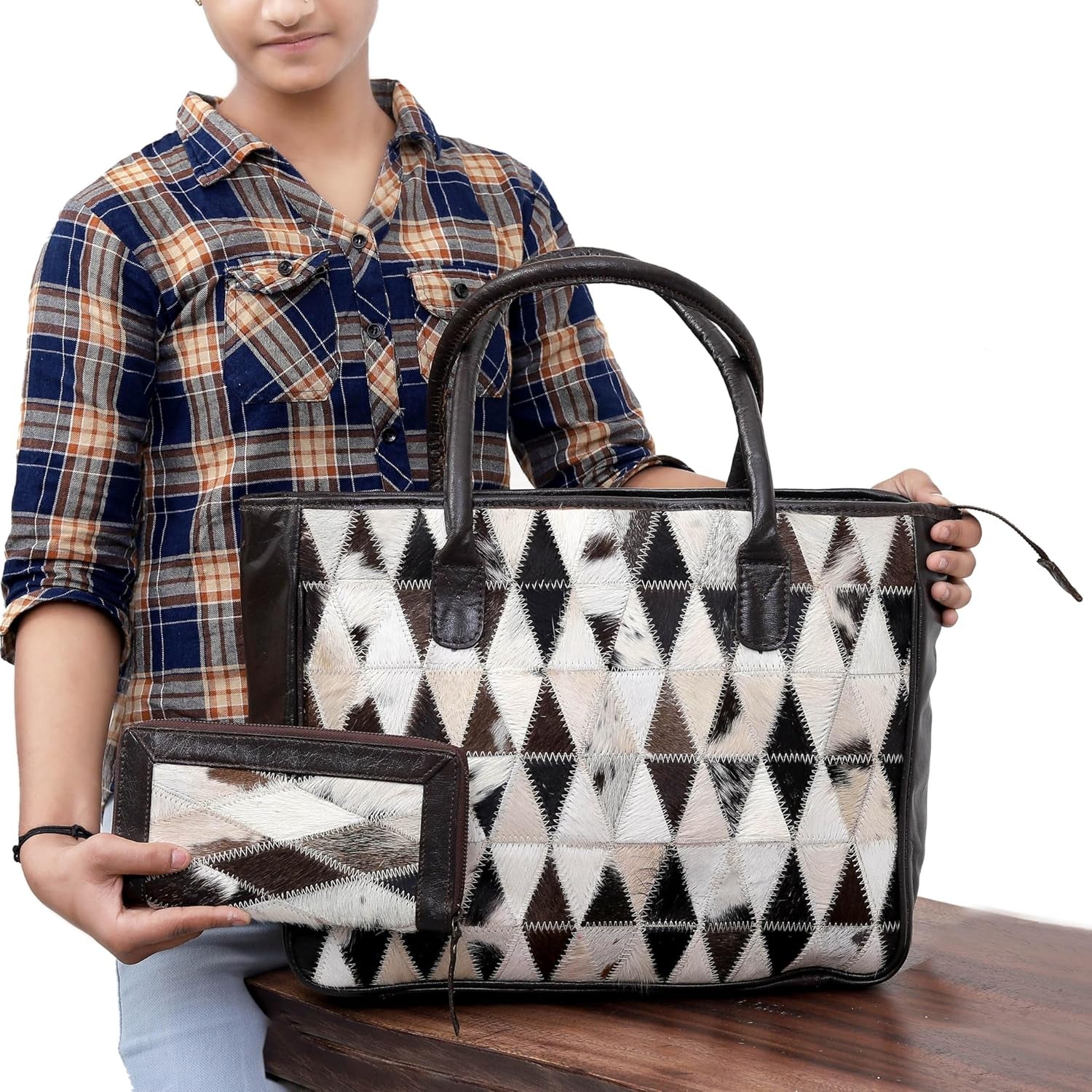 Leather Tote Handbag for Women – Stylo Classic Cowhide Shoulder Bag with Matching Clutch, Everyday & Gift Option