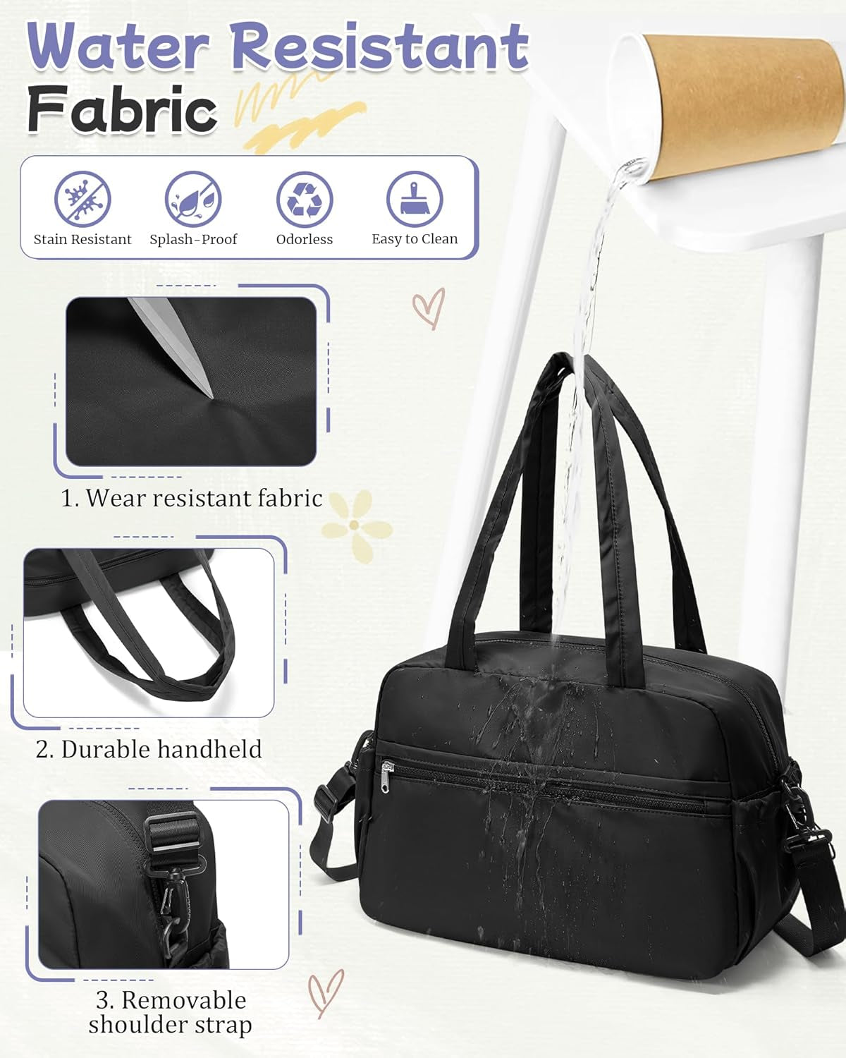 Small Black Gym Duffle Bag for Women Men, Waterproof Weekender Handbag Carry on Travel Bag for Airplane, Sports Yoga Tote Bag with Dry Wet Pocket
