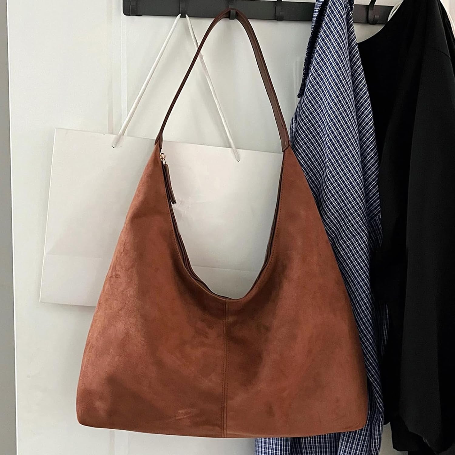 Suede Leather Hobo Bags for Women- Slouchy Tote Bag Brown Suede Fall Bag Hobo Shoulder Purse with Zipper