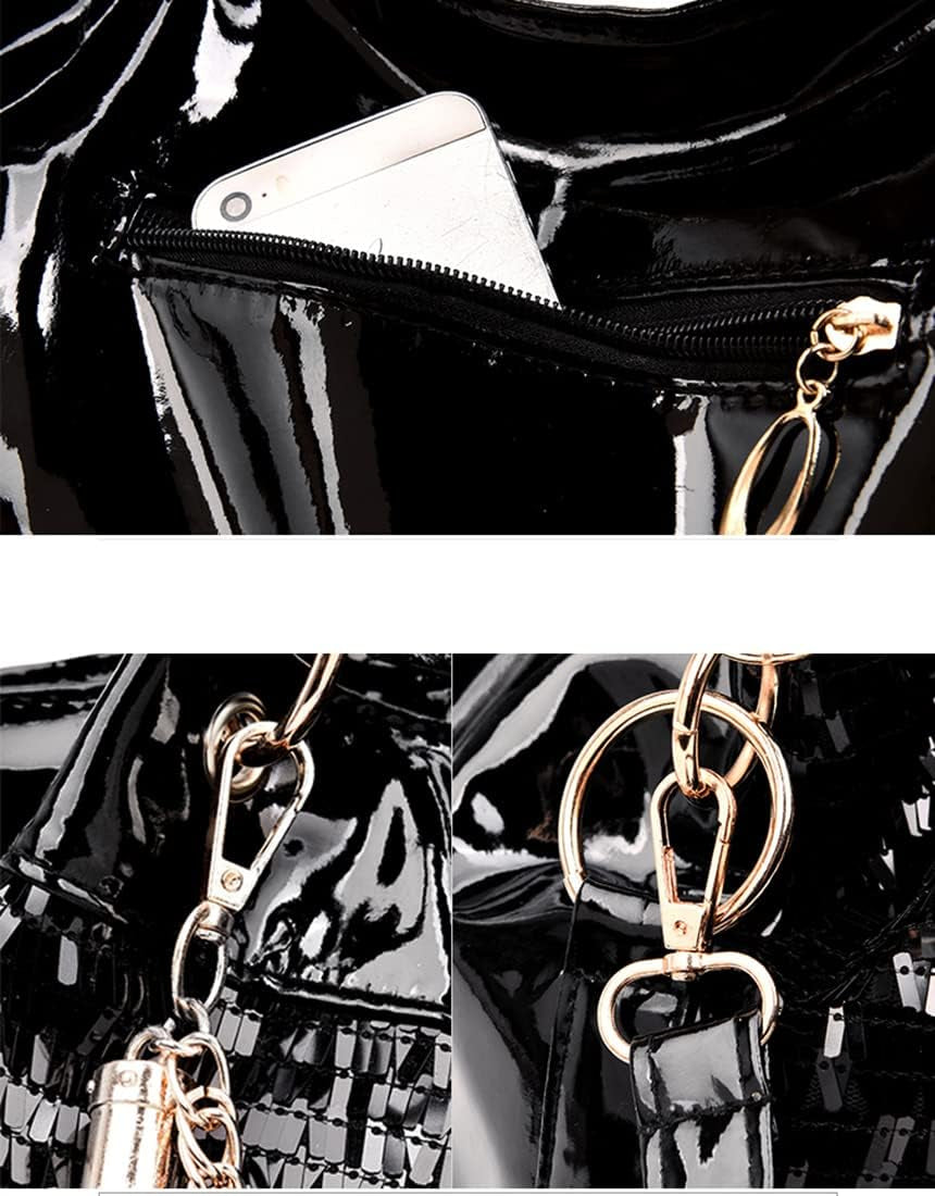 Women Patent Hobos Shiny Top-Handle Bags Chain Handbags Large Shoulder Bags for Ladies Sequin Purse