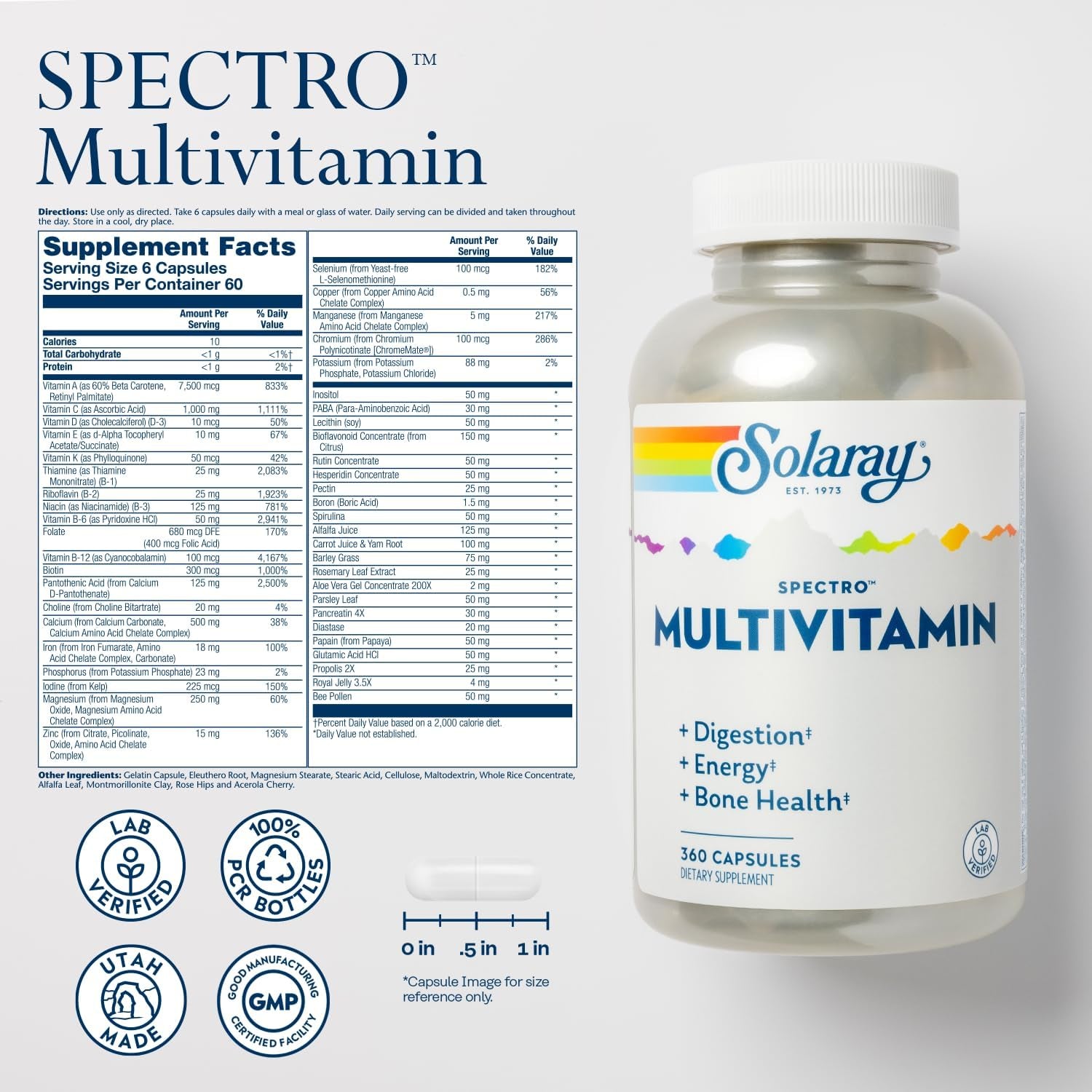 SOLARAY Spectro Multivitamin with Iron - Multi Vitamin with Calcium, Magnesium, Energizing Greens, Herbs & Digestive Enzymes - Digestion, Energy, and Bone Health Support (60 Servings, 360 Capsules)