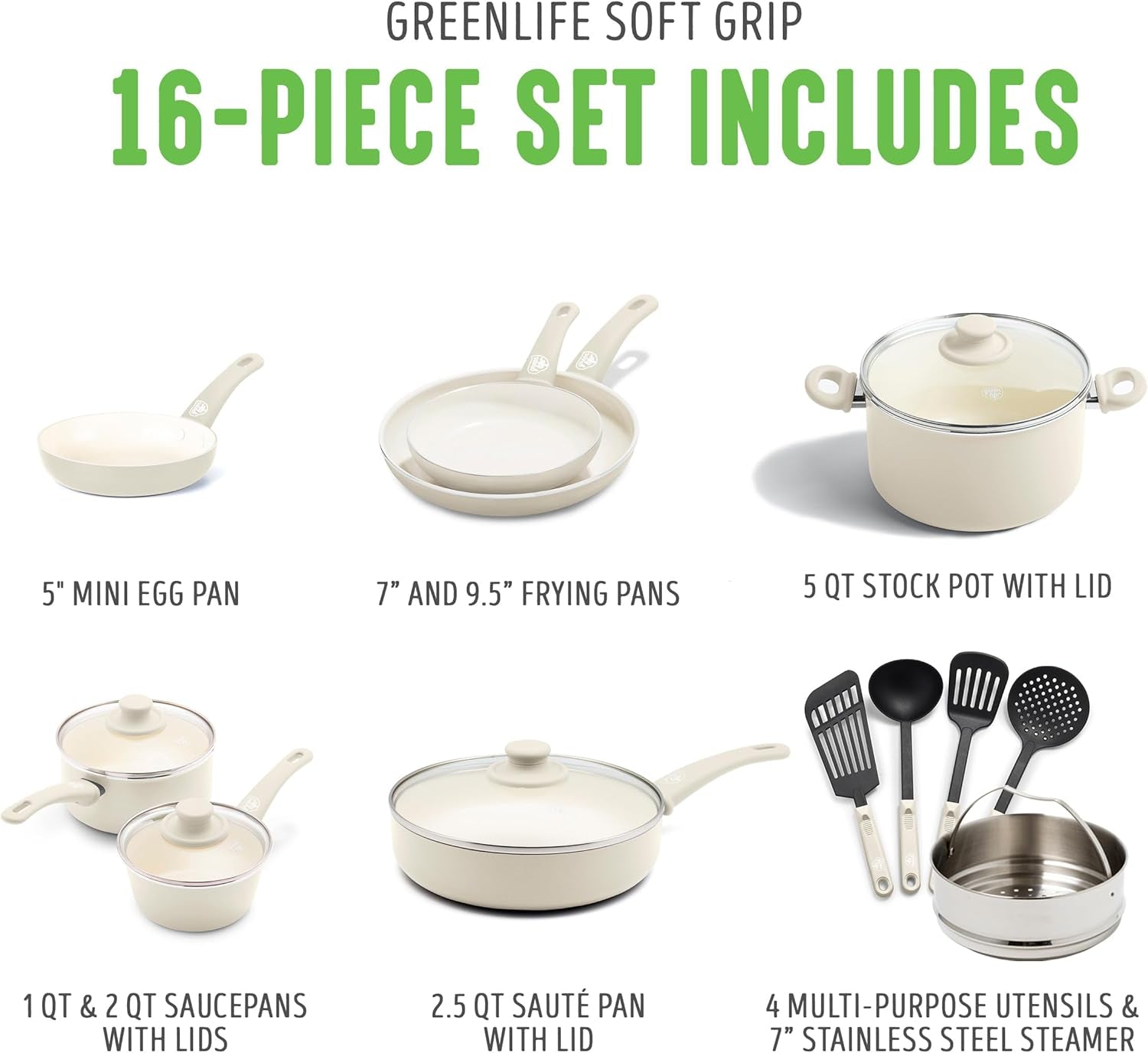 Greenlife Soft Grip Healthy Ceramic Nonstick 16 Piece Kitchen Cookware Pots and Frying Sauce Saute Pans Set, Pfas-Free with Kitchen Utensils and Lid, Dishwasher Safe, Cream