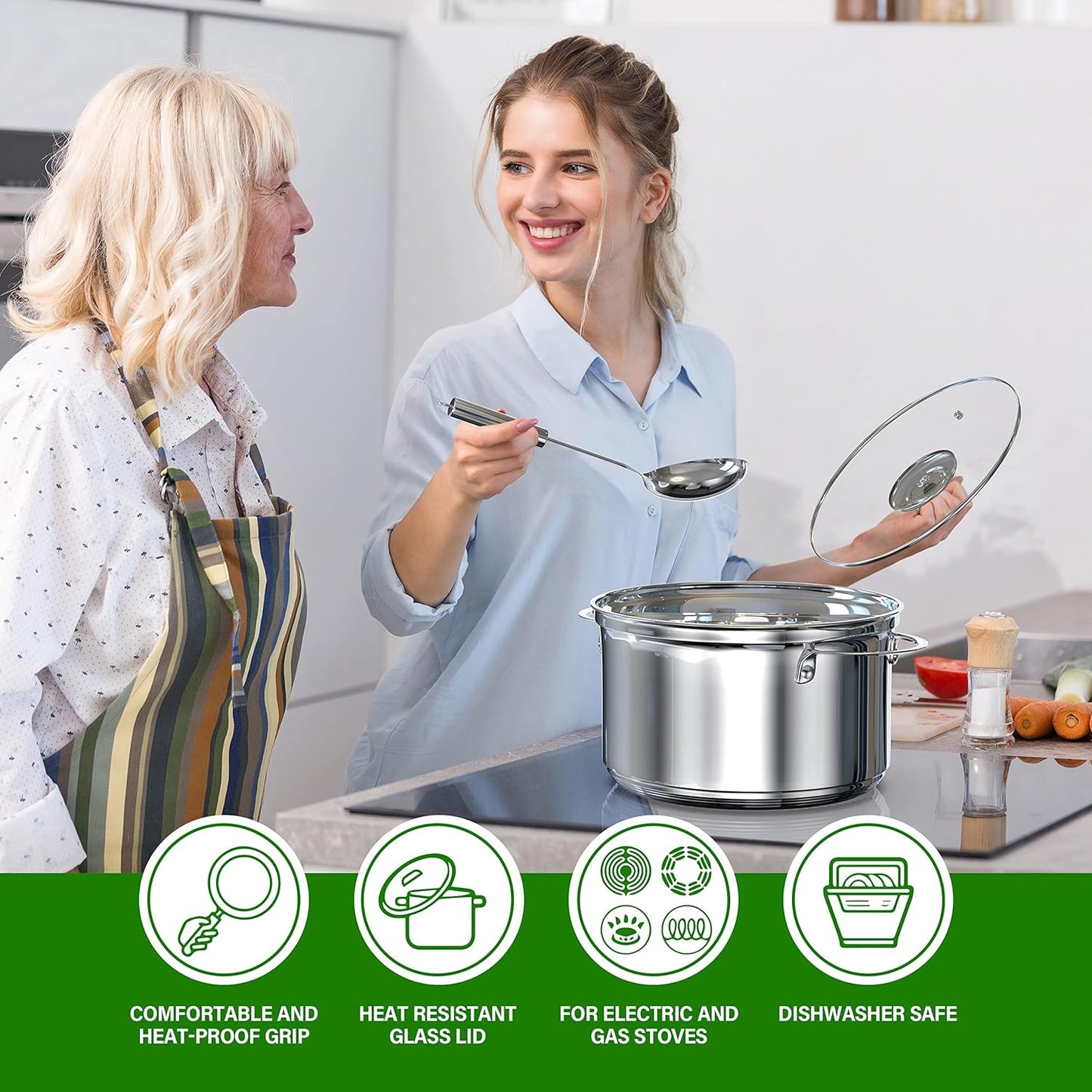 18-Piece Stainless Steel Kitchen Cookware Set, Including Saucepan, Casseroles with Tempered Glass Lid, Frypan, Steamer, Salad Bowl with Cover, Fryer Basket, Heat Resistant Mat & Utensils Set, Silver