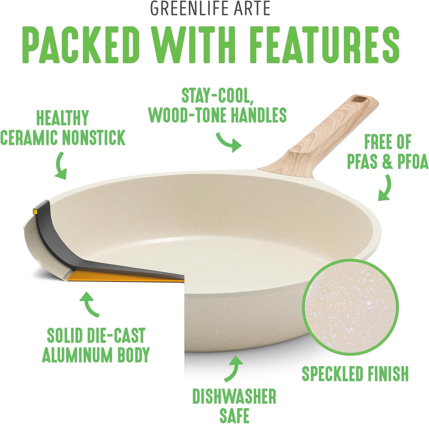 Greenlife Arte 8 Piece Ceramic Nonstick Cookware Pots and Pans Set, Induction Suitable, PFOA & PFAS Free, Wood Print Handles, Glass Lids, Stock Saucepans & Frying Pans, Dishwasher Safe, Speckled Cream