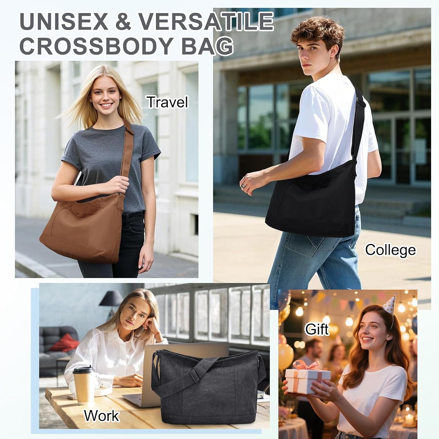 VASCHY Canvas Messenger Bag, Lightweight Casual Crossbody Slouchy Shoulder Hobo Side Bag Purse for Men and Women