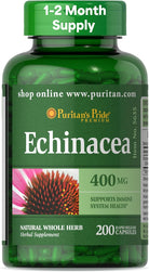 Puritan'S Pride Premium Echinacea Natural Whole Herb Herbal Supplement 400Mg, Dietary Supplement for Health, Immune System Support, 200 Rapid Release Capsules