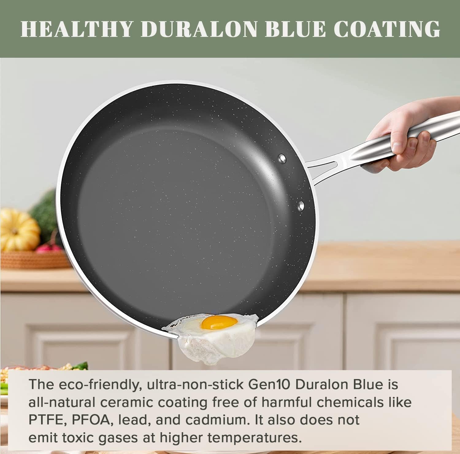 Nuwave 9Pc Cookware Set Healthy Duralon Blue Ceramic Nonstick Coated, Diamond Infused Scratch-Resistant, PFAS Free, Oven Safe, Induction Ready & Evenly Heats, Tempered Glass Lids & Stay-Cool Handle