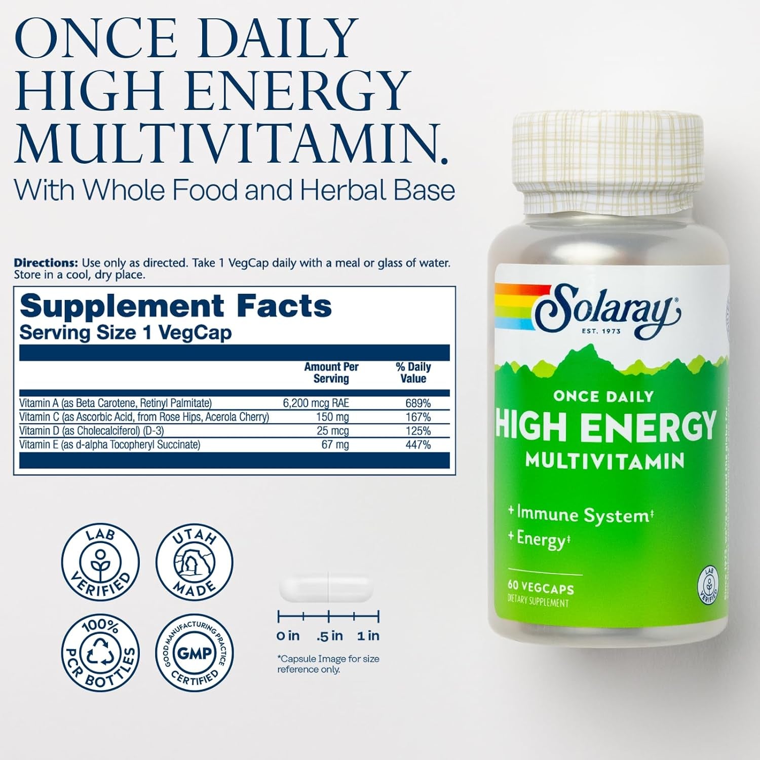 SOLARAY Once Daily High Energy Multivitamin, Immune System and Energy Support, Whole Food and Herb Base Ingredients, Men’S and Women’S Multi Vitamin, 60 Servings, 60 Vegcaps