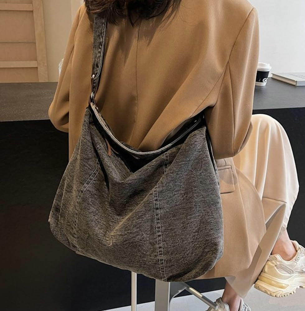 Denim Tote Bag for Women Large Slouchy Canvas Shoulder Bag with 2 Straps Blue Jean Hobo Purse Casual Crossbody Handbag