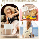 2 Pcs Large Beach Tote Bag Travel Tote Hat Bag for Women with Sun Hat Holder Strap Boho Summer Beach