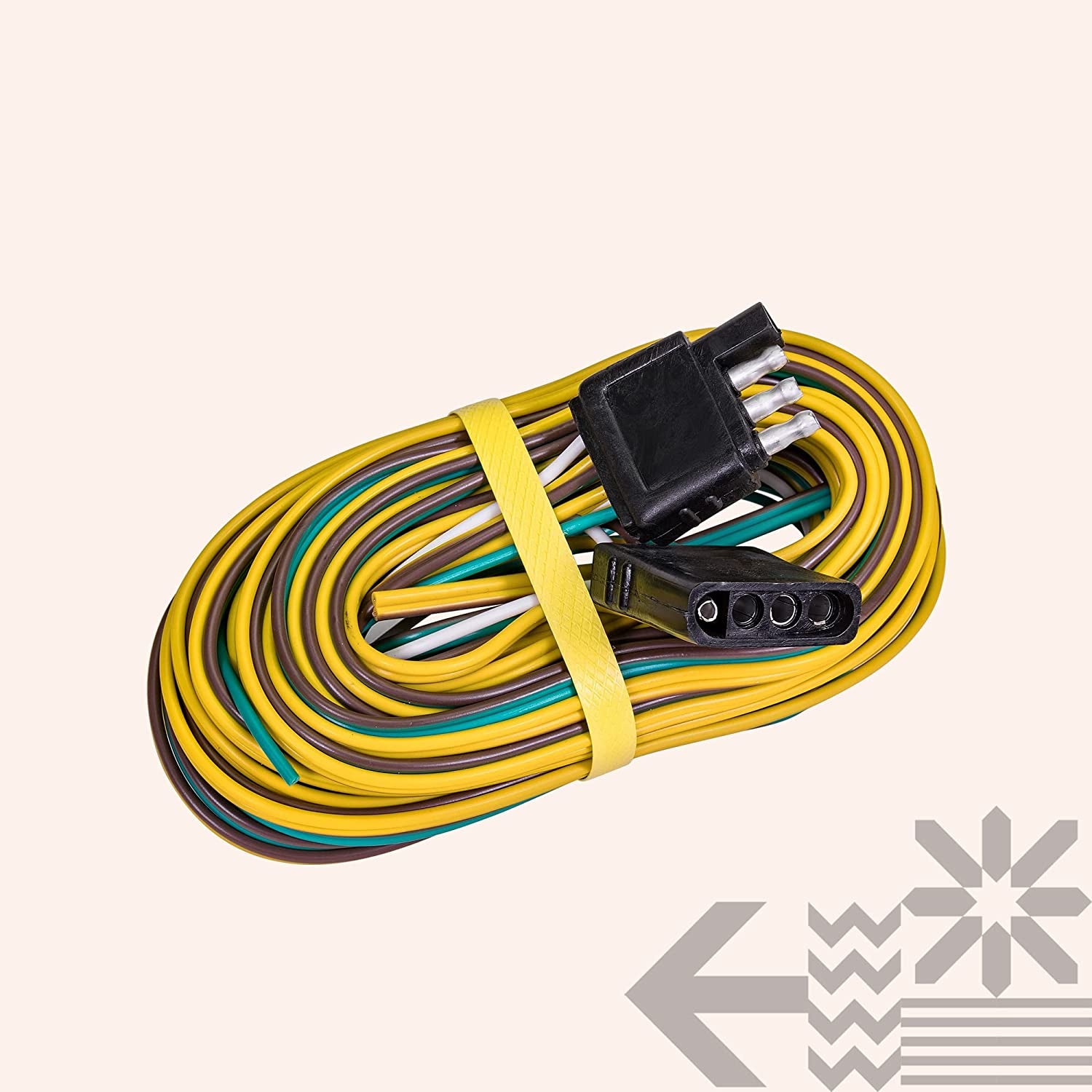 True Mods 4 Pin Flat Trailer Light Wiring Harness Kit [Wishbone-Style] [SAE J1128 Rated] [25' Male & 4' Female] [18 AWG Color Coded Wires] 4 Way Flat 5 Wire Harness for Utility Boat Lights