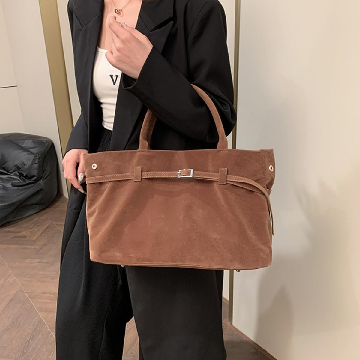 Suede Tote Bag for Women,Women'S Large Capacity Suede Top-Handle Work Hobo Handbag,Vintage Faux Suede Shoulder Satchel