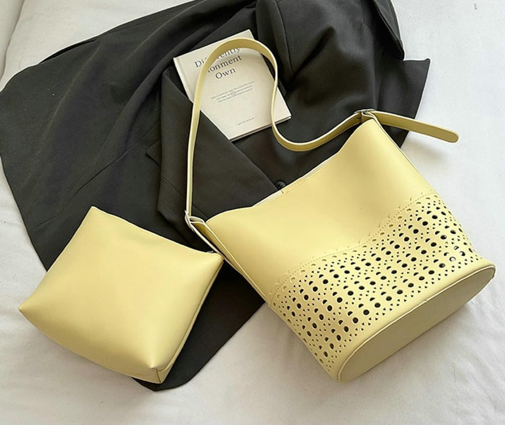 2 Pcs Hollowed Bucket Bags Women Trendy PU Leather Hobo Underarm Shoulder Bag Crossbody Purse Beach Travel Tote Handbag 2025
