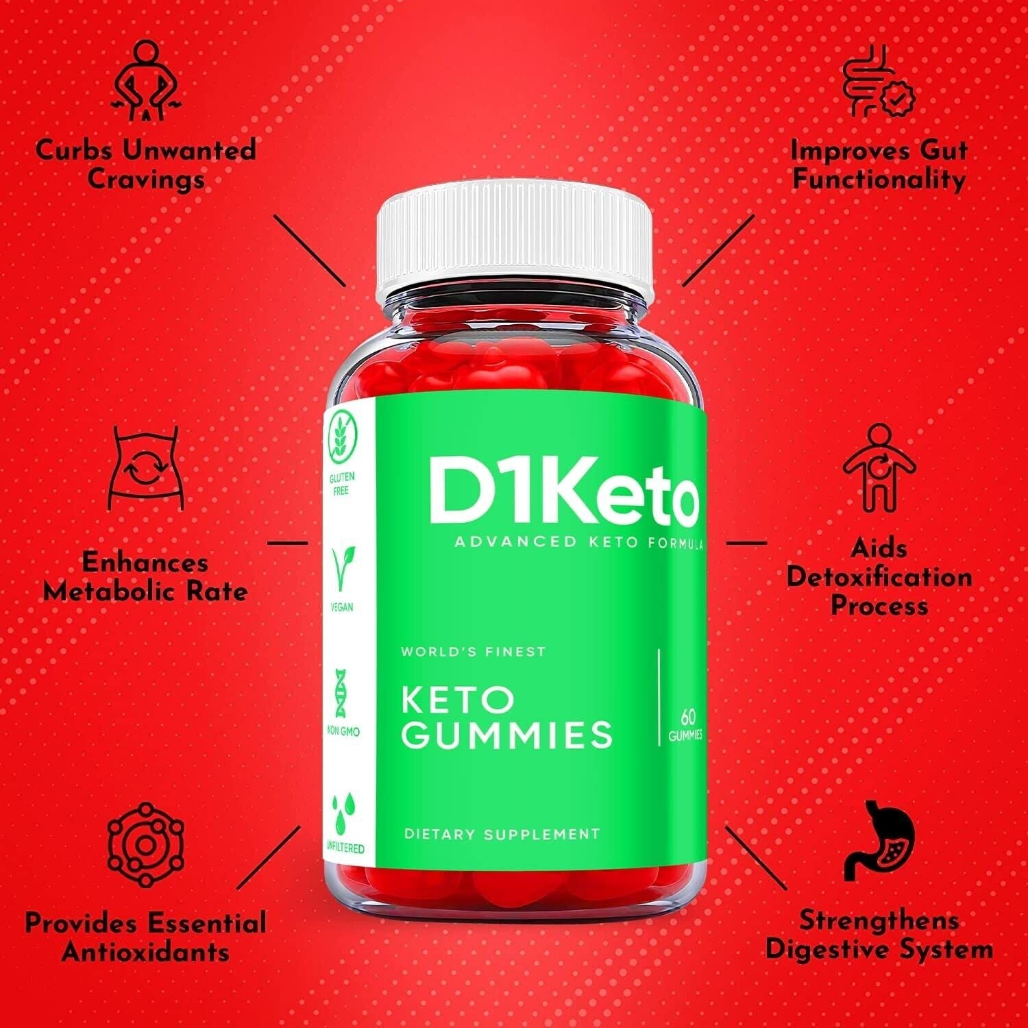 (1 Pack) D1 Keto Gummies - D1 Keto ACV Gummies Weight Loss, Vegan - 60 Gummies