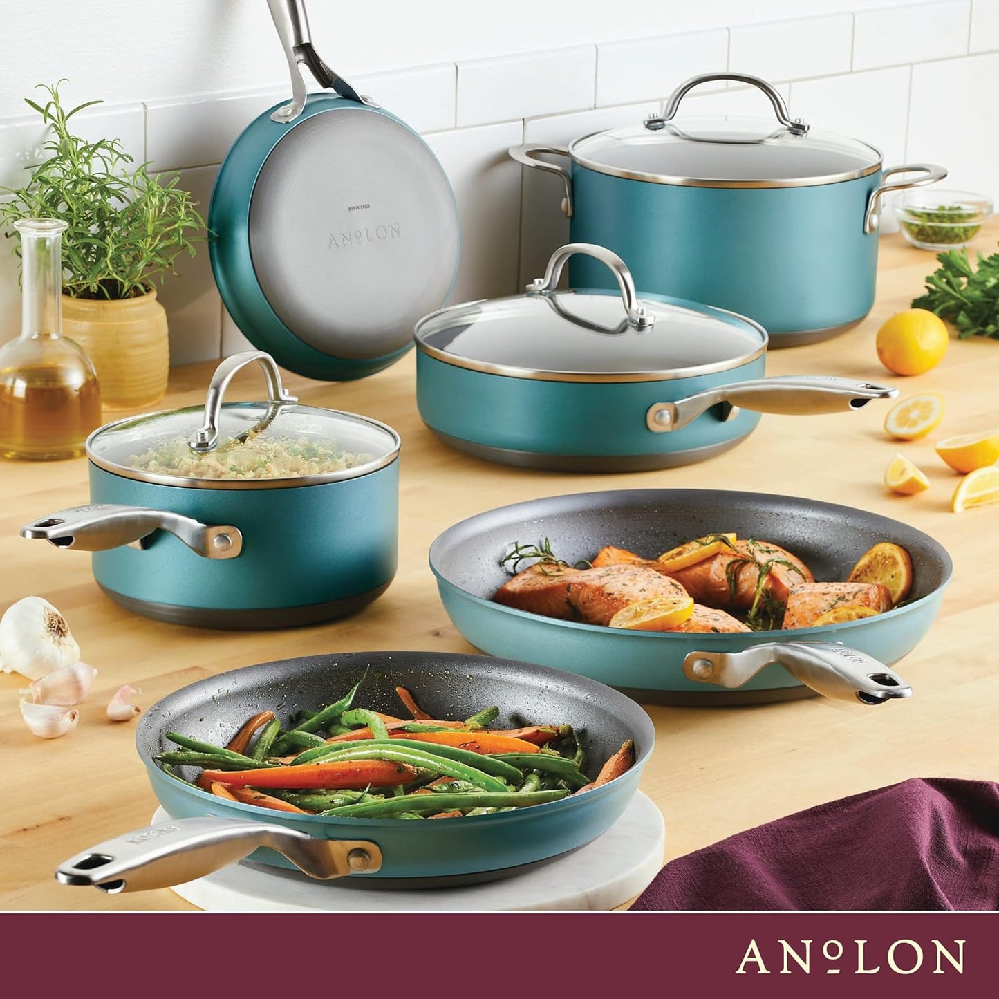 Anolon Achieve Hard Anodized Nonstick Cookware Pots and Pans Set, 9 Piece - Teal