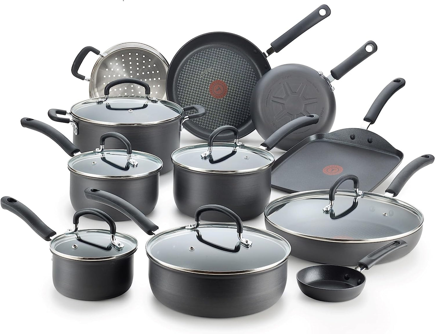 T-Fal Ultimate Hard Anodized Nonstick Cookware Set 17 Piece, Oven Broiler Safe 400F, Lid Safe 350F, Kitchen Cooking Set W/ Fry Pans, Saucepans, Saute Pan, Griddle, Pots and Pans, Dishwasher Safe Black