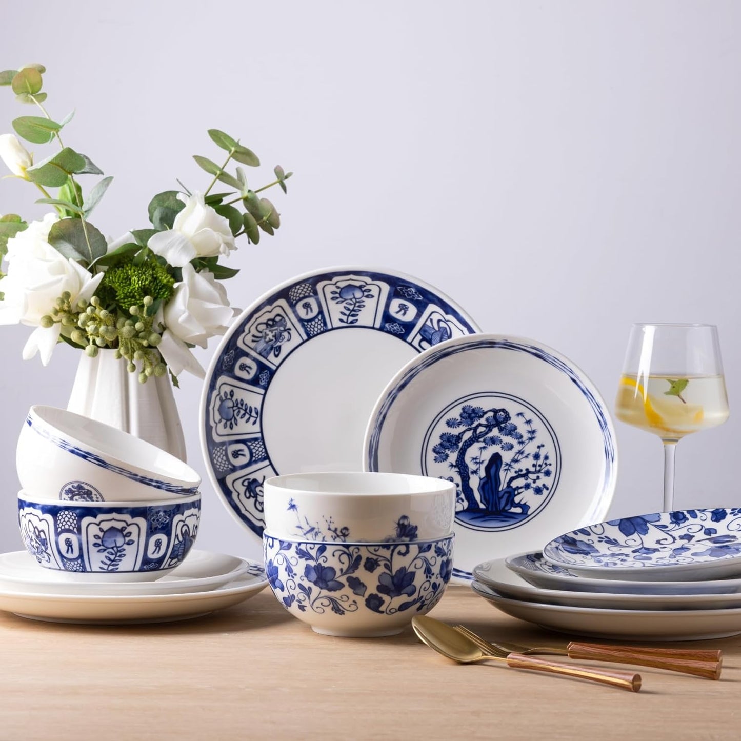 (12Pc) Ceramic Dinnerware Sets,Blue and White Plates and Bowls Set,Highly Chip A