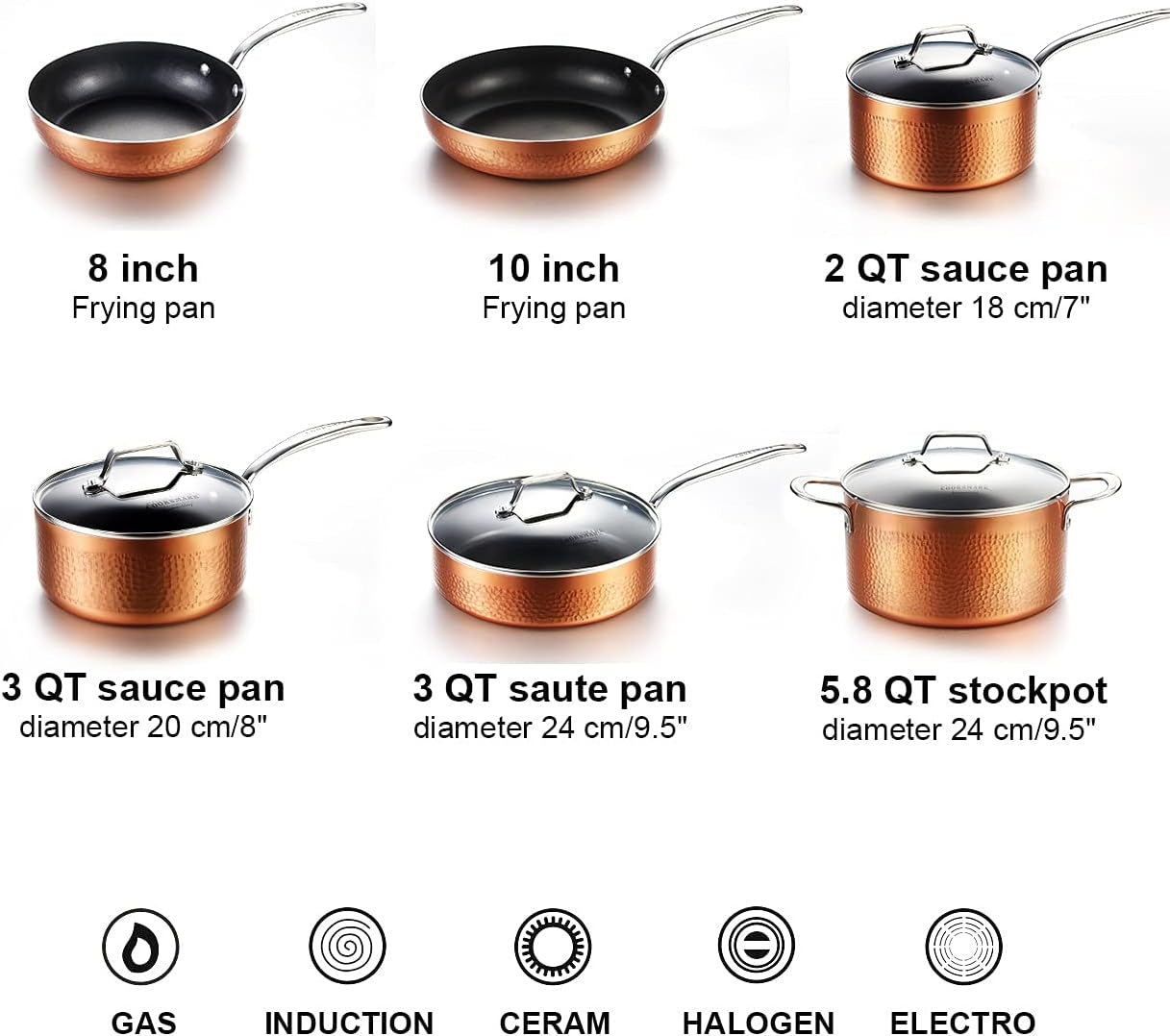 COOKSMARK 10 Piece Hammered Copper Cookware Set with Nonstick Coating, Induction Pots and Pans Set Dishwasher Safe