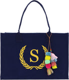VANESSA ROSELLA Premium Quality Personalized Gift Monogram Initial 100% Cotton Chic Tote Bag for Women - Navy