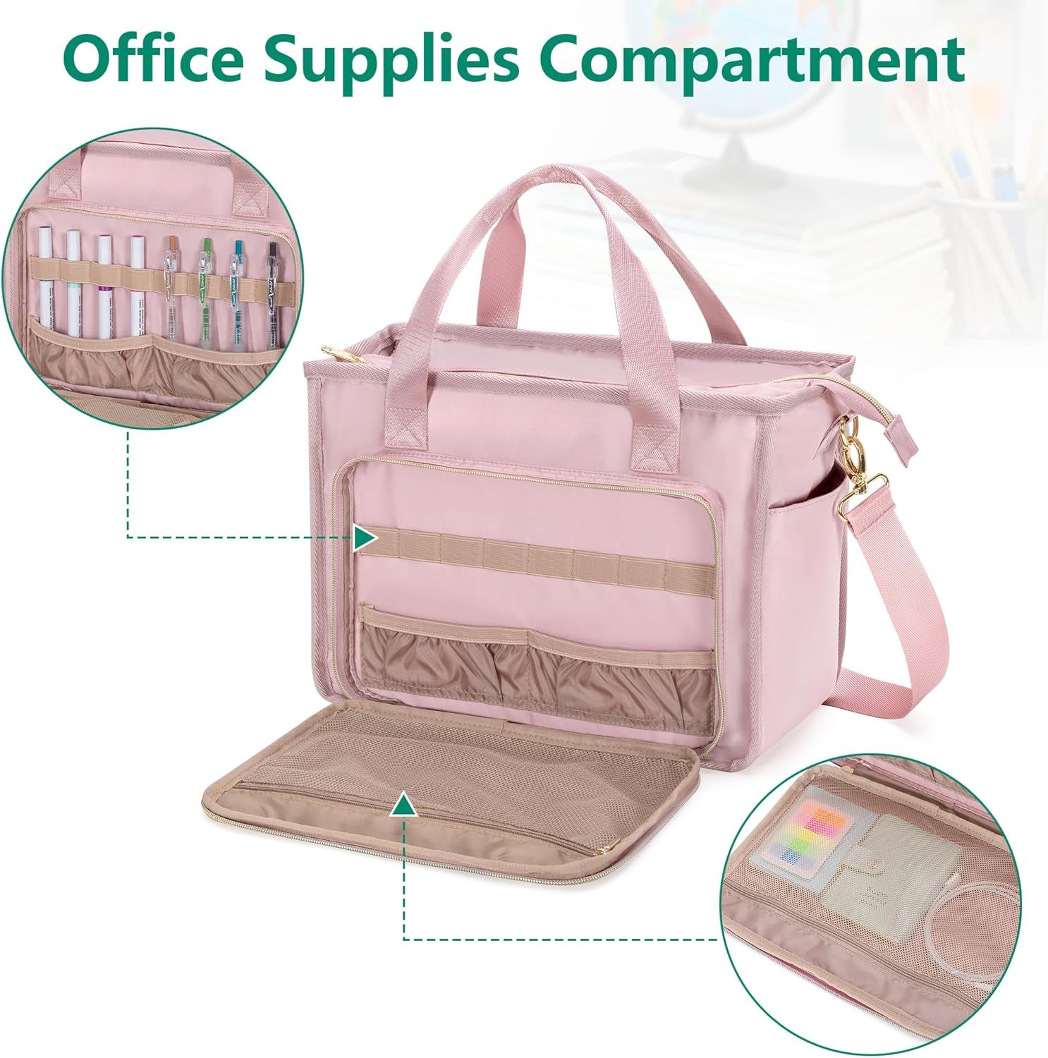 Teacher Tote Bag for Women, Work Tote Bag with Pocket for College and Office, Pink