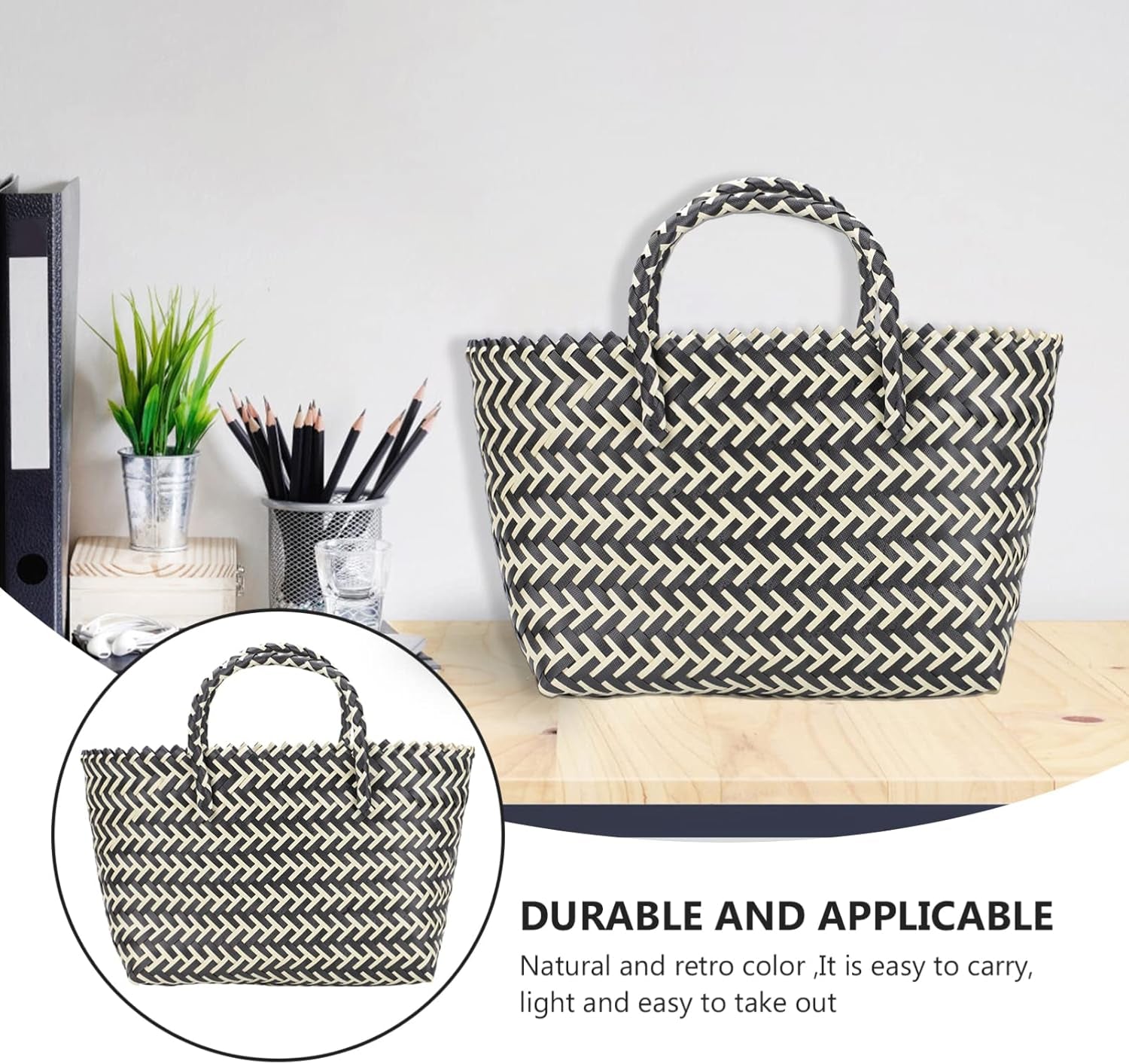 1Pc Urban Handwoven Striped Bag for Women Large Capacity Casual Tote Fashionable Plastic Shopping Bag Lightweight Woven Design for Daily Use