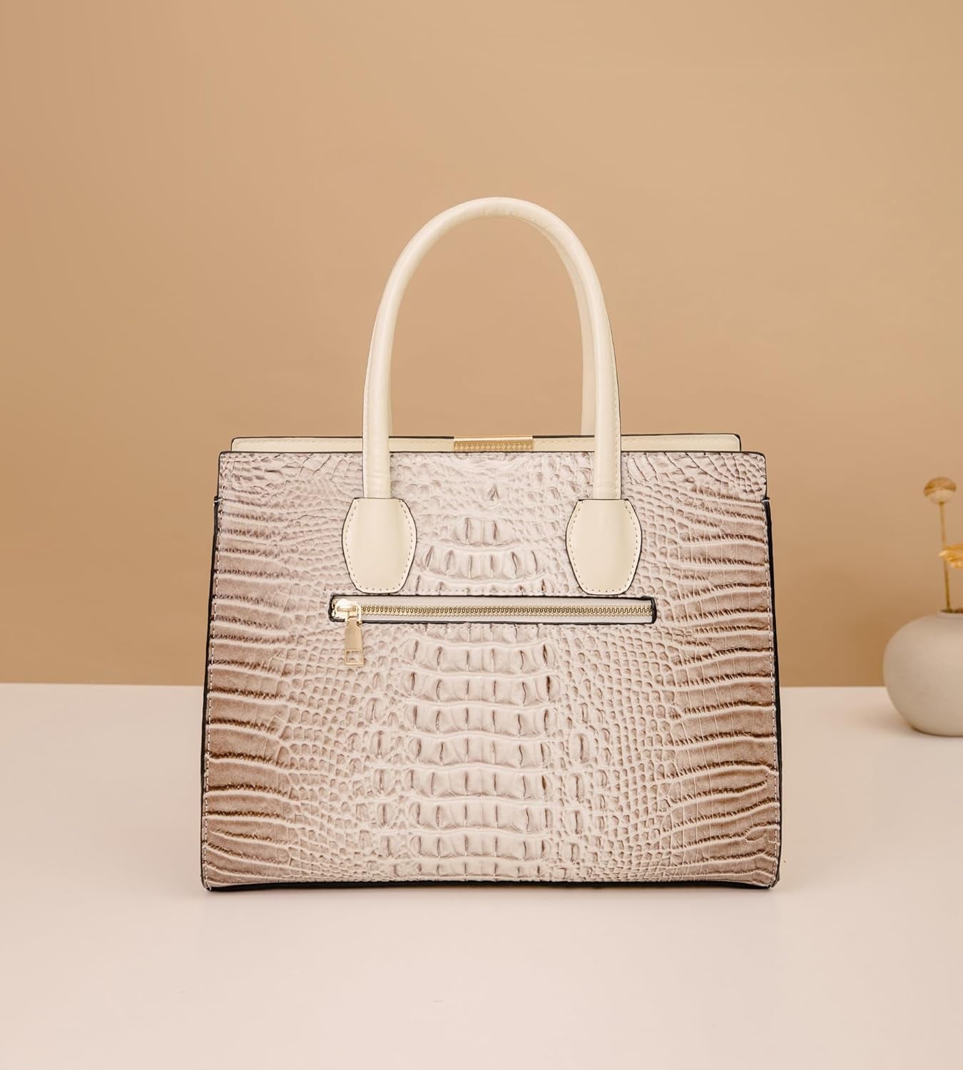 Women'S 3-Piece Crocodile Pattern Handbag Set, Large Capacity Tote with Wallet and Coin Purse, Brown