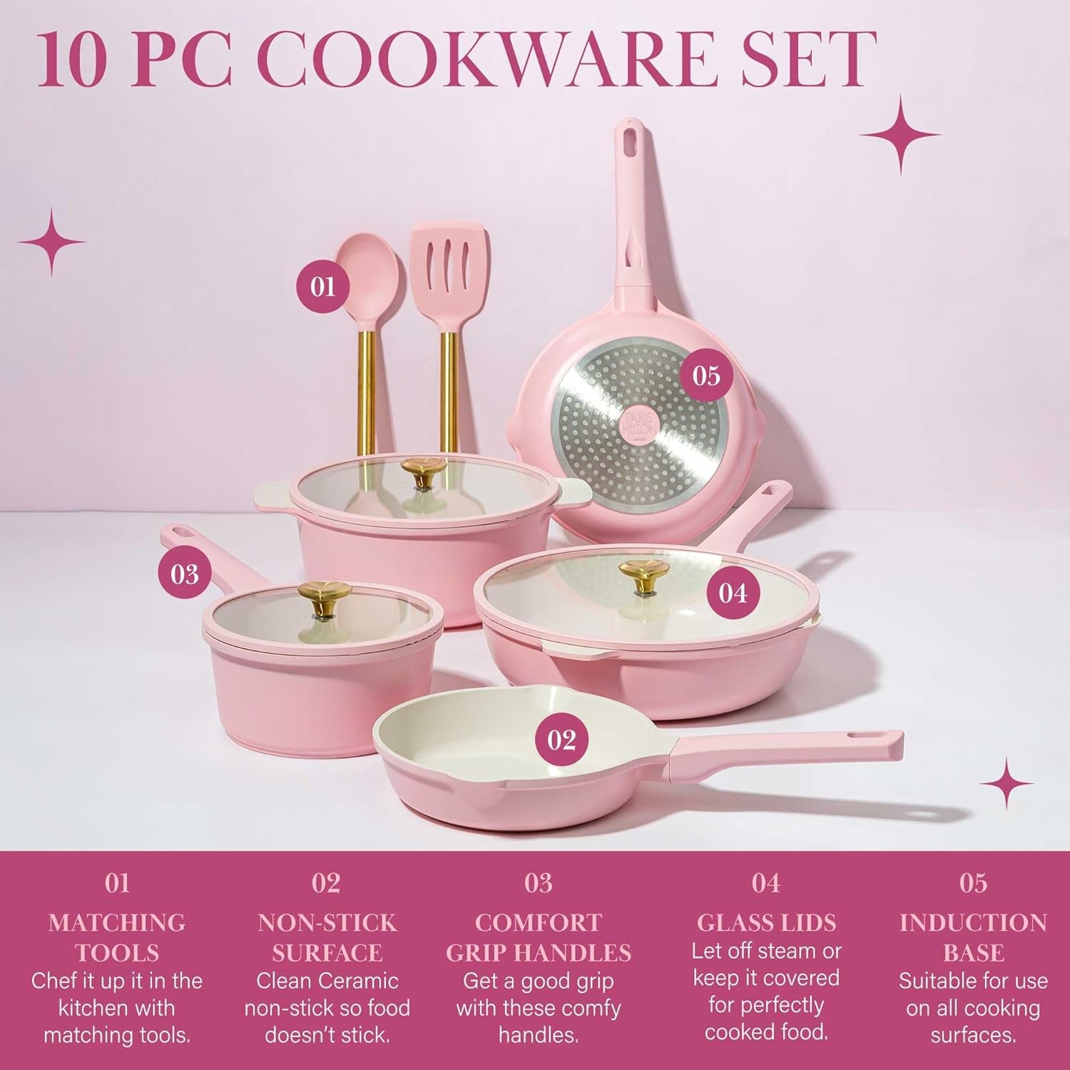 Paris Hilton Ceramic Nonstick Cookware Set, Cast Aluminum with Dual Layer Nonstick Coating, Gold Heart Knobs, Stay-Cool Handles, Made without PFAS, PFOA, PFOS & PTFE, Dishwasher Safe, 10-Piece, Pink