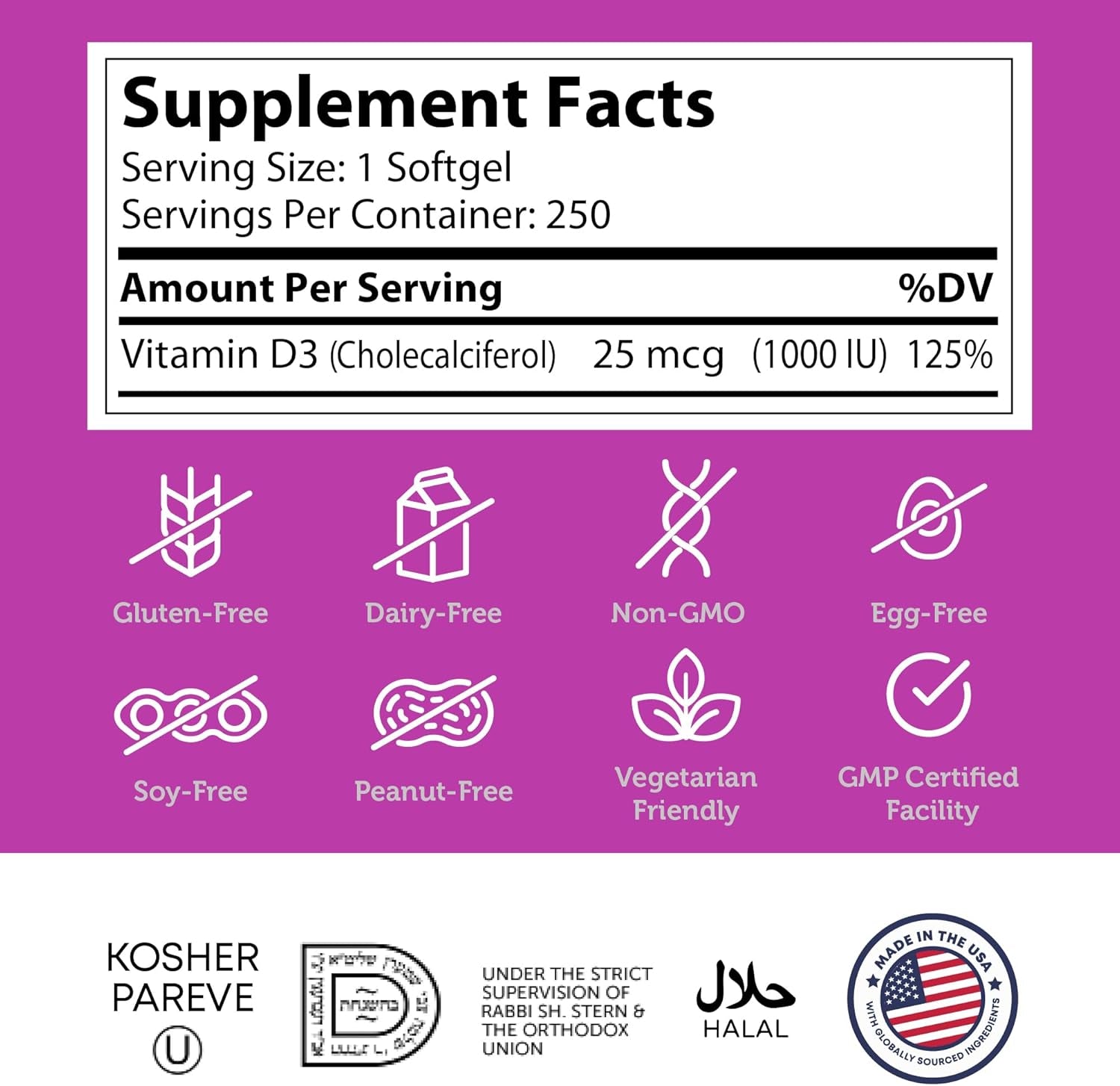 Zahler - Advanced Vitamin D3 1000 IU Softgels (250 Count) Kosher Vegetarian Friendly Vitamin D for Immune Support, Bone, Teeth & Muscle Health - Daily D3 Vitamin Supplement for Adults - Easy Swallow V