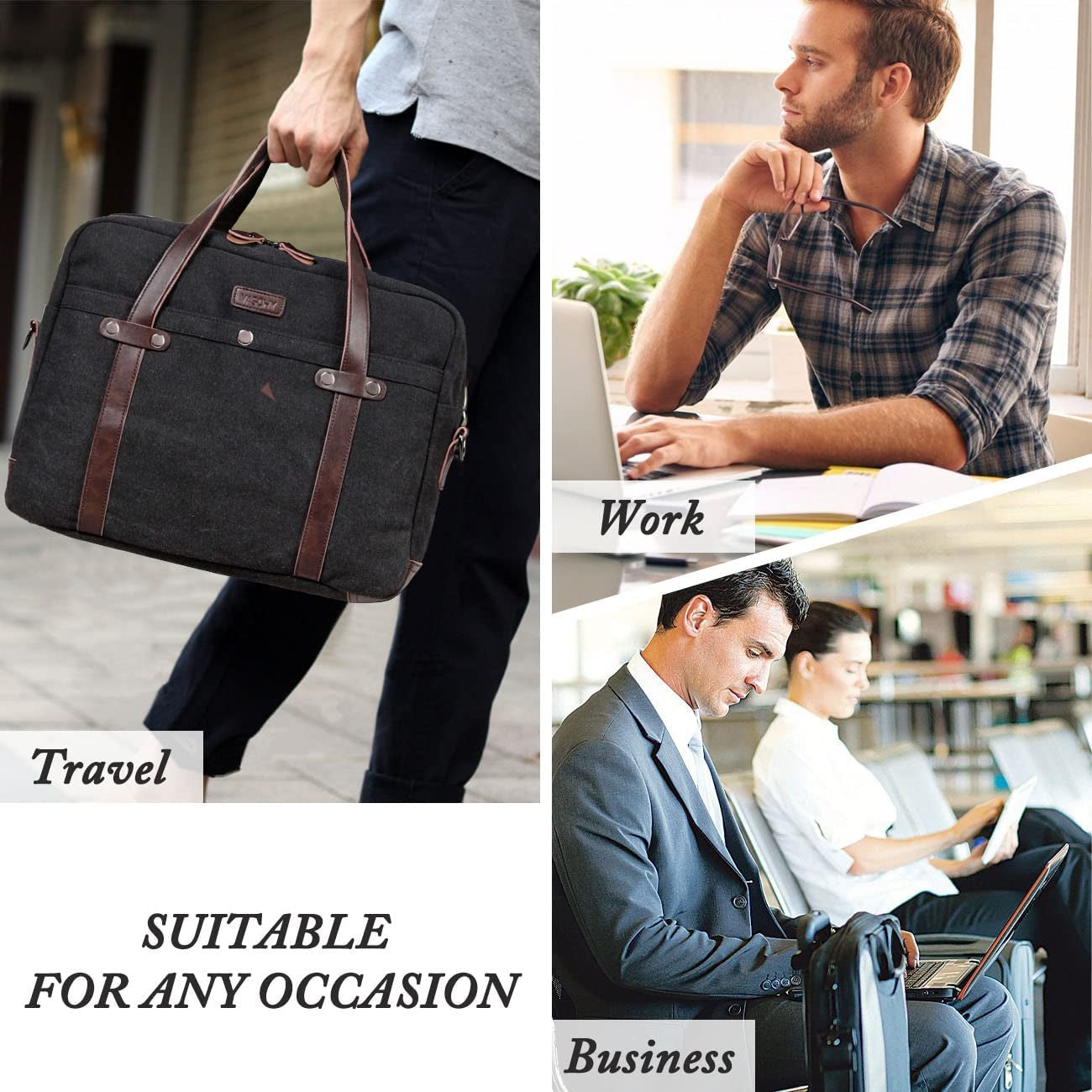 VASCHY Laptop Bag for Men, Vintage Canvas Water Resistant 15.6 Inch Messenger Bag Business Briefcase Shoulder Bag