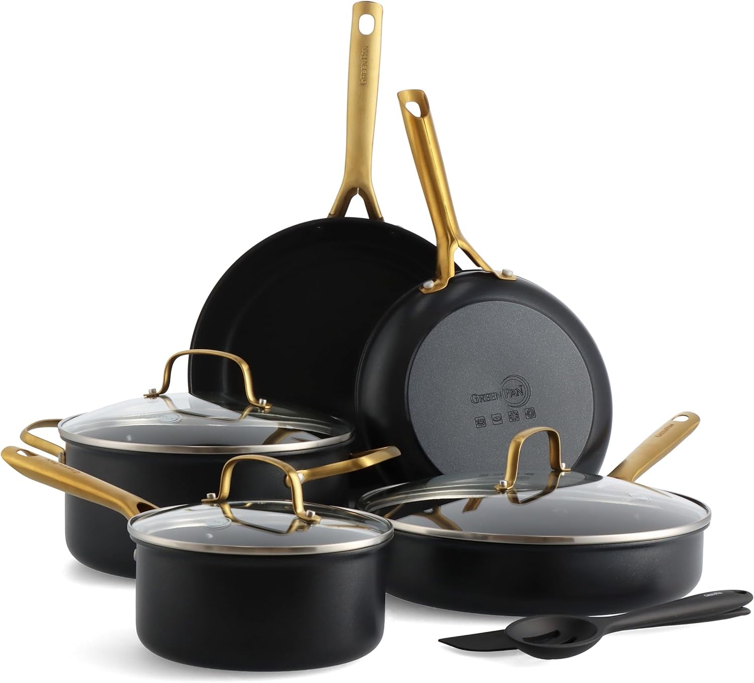 Greenpan Deco Hard Anodized Healthy Ceramic Nonstick 11 Piece Cookware Pots and Pans Set, Frying Pans Saucepan Saute, Tempered Glass Lids, Silicone Utensils, Dishwasher & Oven Safe, Pfas-Free, Black