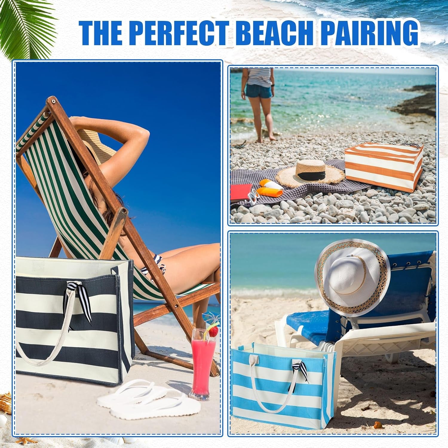 10 Pcs Canvas Tote Bags Bulk for Women Canvas 17 X 12 X 8 Inch Waterproof Stripe Sandproof Large Beach Tote Bags with Handle for Wedding Bridesmaid Birthday Summer