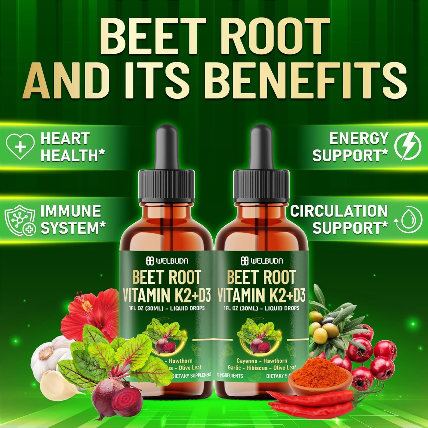 11In1 Beet Root Liquid Supplement - for Support Immune, Energy - with Vitamin D3, Vitamin K2, Hawthorn Berry, Cayenne Pepper, Garlic, Hibiscus, Olive, Red Spinach, Green Tea - 1 FL Oz - 30 Servings