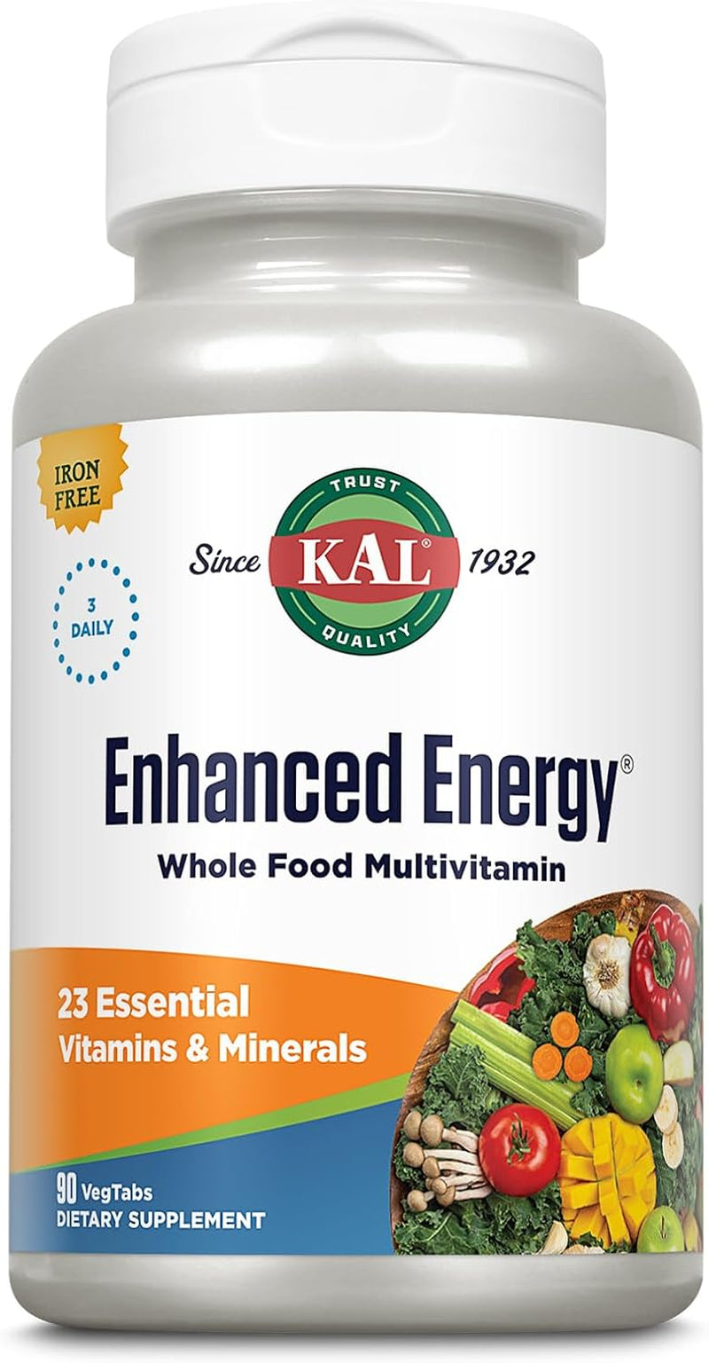 KAL Enhanced Energy Supplements, 3 Daily - Whole Food Multivitamin for Women and Men, Iron Free - 23 Essential Vitamins, Minerals, Super Foods, Digestive Enzymes, 60-Day Guarantee, 30 Serv, 90 Vegtabs