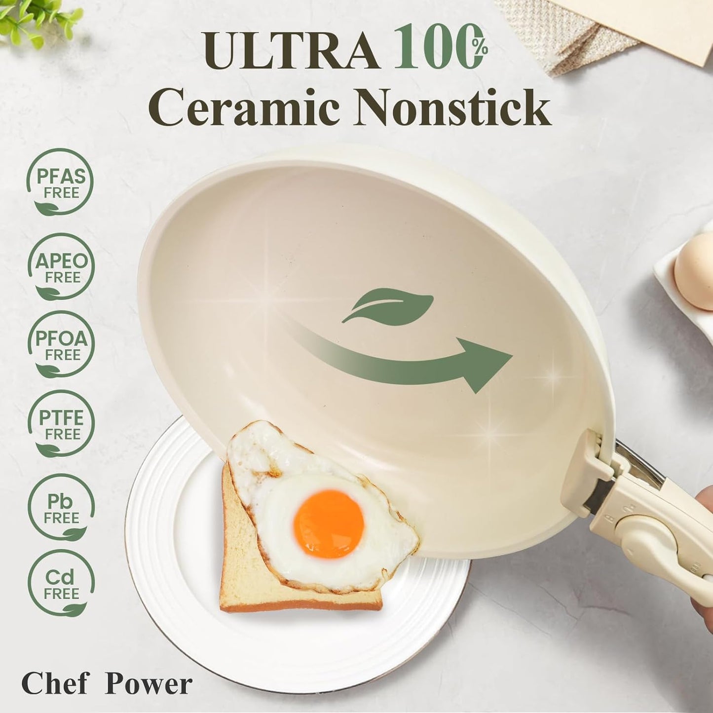 Ceramic Nonstick Cookware Set 19 Piece with Detachable Handle, Induction Dishwasher Oven Safe Pans and Pots Set, RV Kicthen Set Removable Handle, Cream White