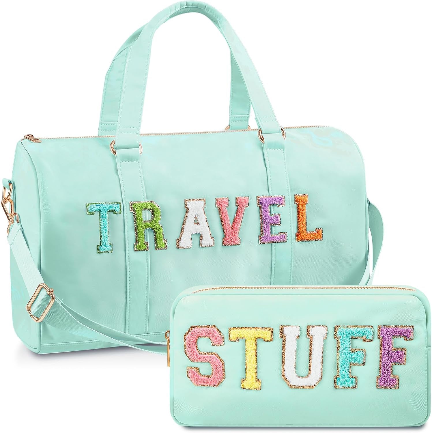 2 Pcs Travel Preppy Duffle Bag and Chenille Letter Makeup Pouch Cosmetic Zipper Patch Makeup Tote Bag(Mint Green)
