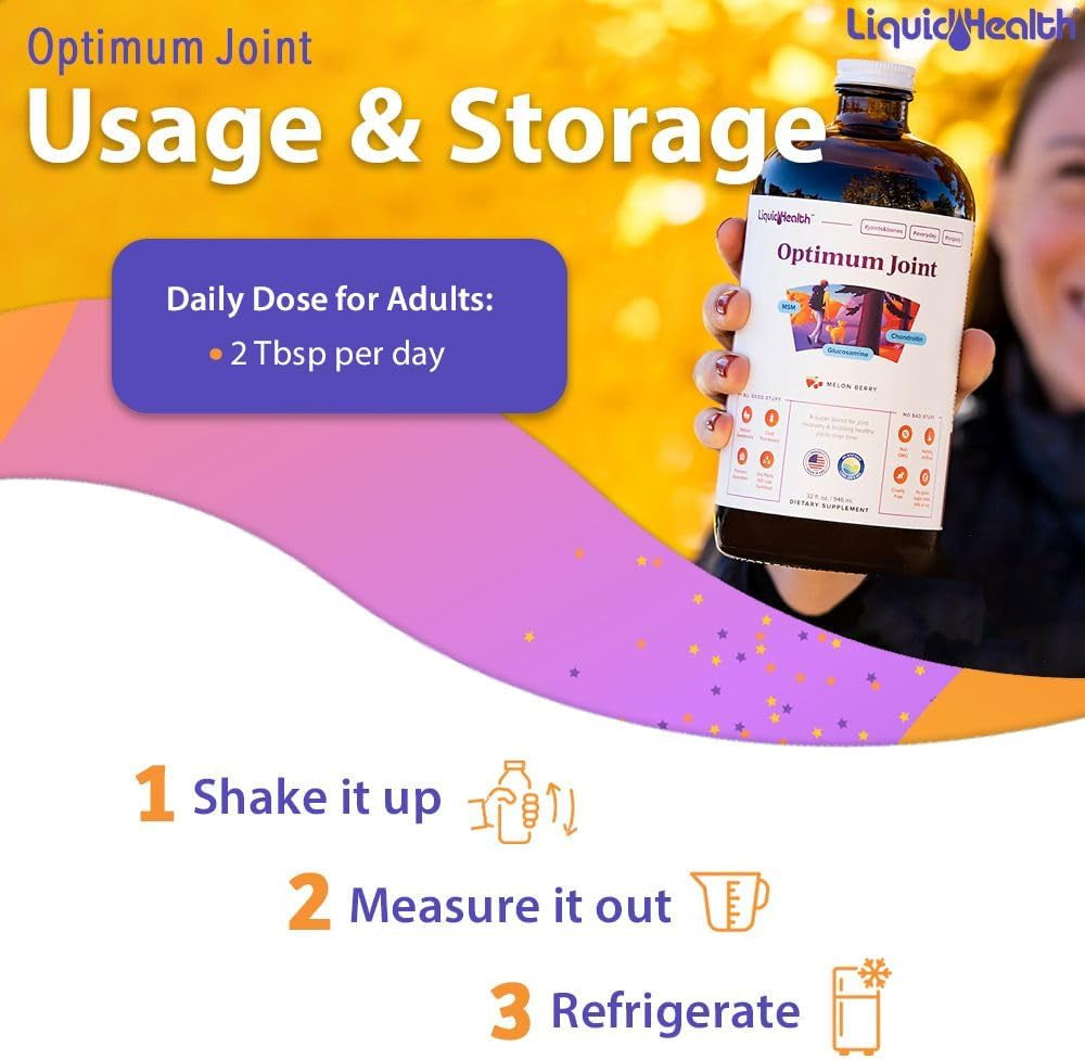 LIQUIDHEALTH Optimum Joint Support Supplement with Glucosamine, Chondroitin, MSM, Hyaluronic Acid - Triple Strength Liquid Vitamins, Gluten-Free, Dairy-Free, Soy-Free Joint Juice, Made in USA (32 Oz)