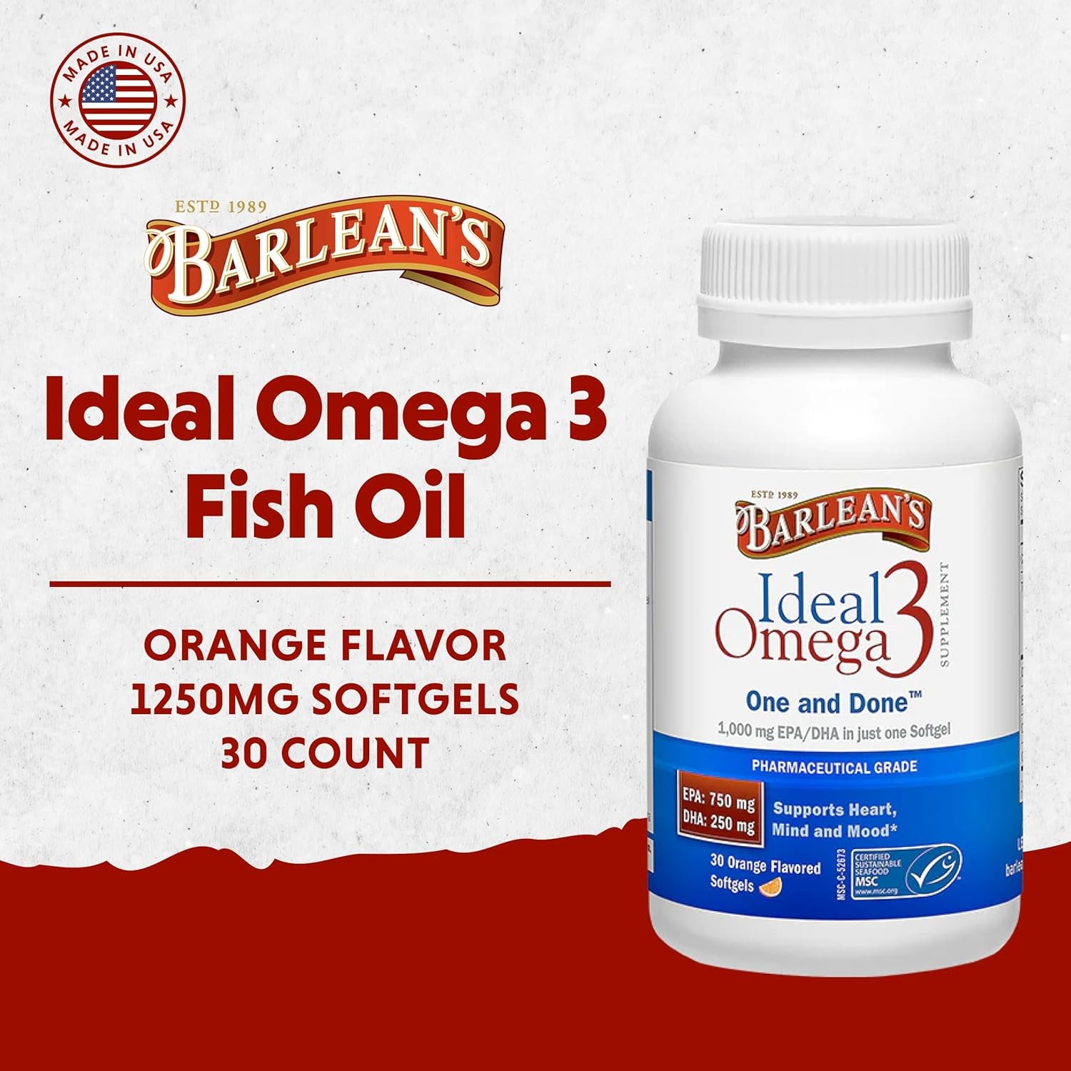 Barlean'S Ideal Omega 3 Nutritional Supplement Softgels with 1,000Mg EPA/DHA for Heart, Mind, and Mood - Certified Sustainable Seafood, Pharmaceutical Grade - 30-Count